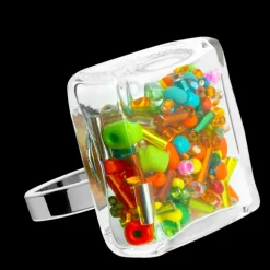Bague en verre souffle - Carre Giga Mix Perles
