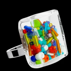 Bague en verre souffle - Carre Giga Mix Perles