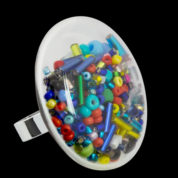 Bague en verre souffle - Galet Giga Mix Perles